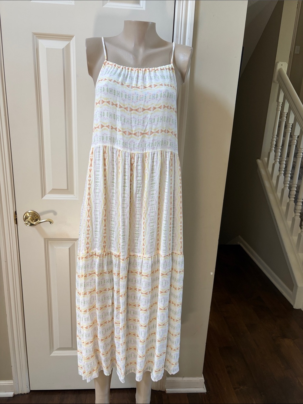 NWT  World Market Nightgown White Maxi  with Cream & Pale Pastel Pattern, s/m